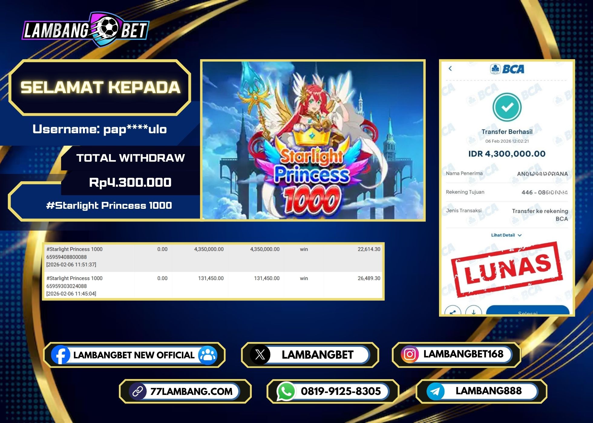 LAMBANGBET [6 FEBRUARI 2025] JACKPOT SLOT Starlight Princess 1000 "Rp4.300.000" LUNAS